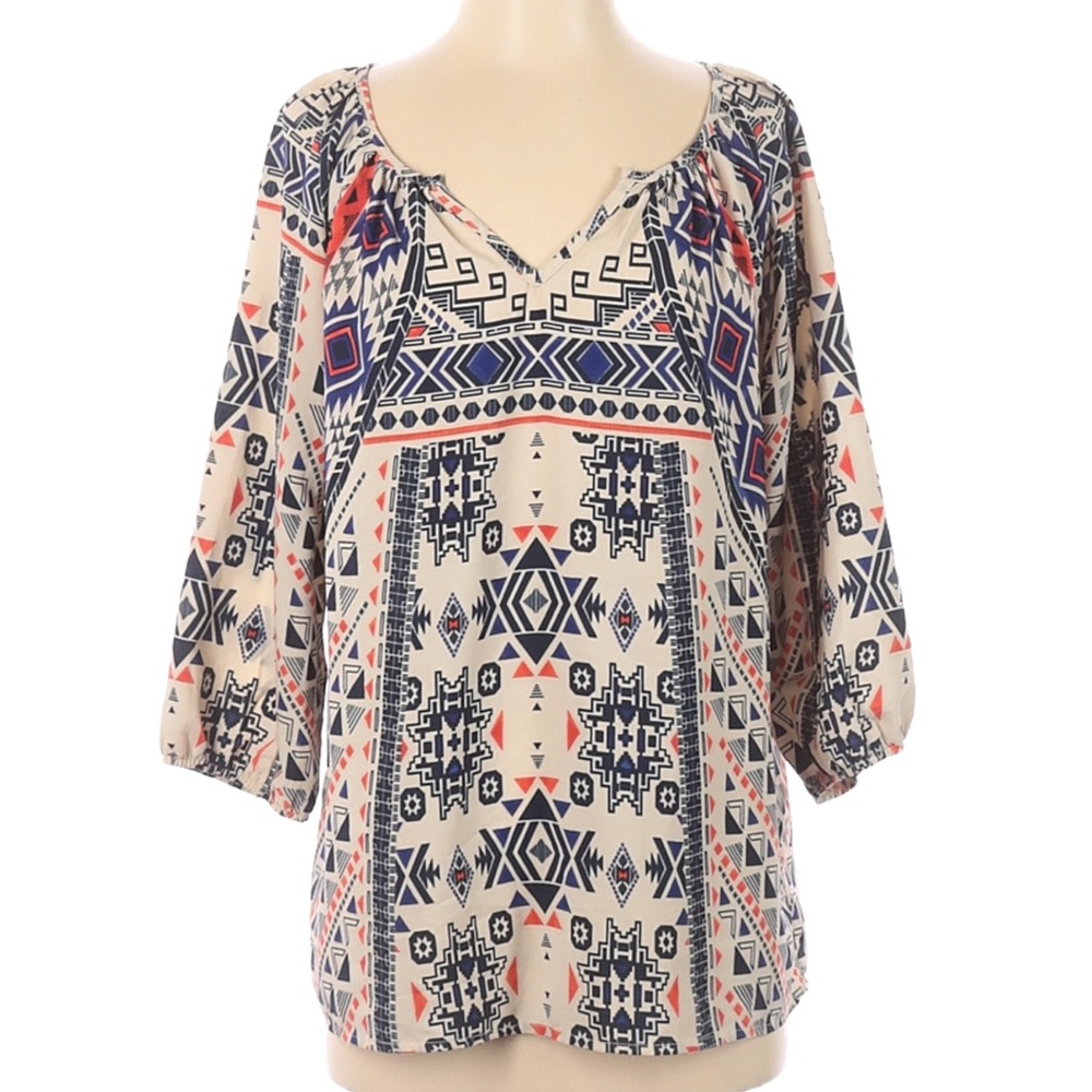 Pink Owl Top Size Small Ivory Boho Print
